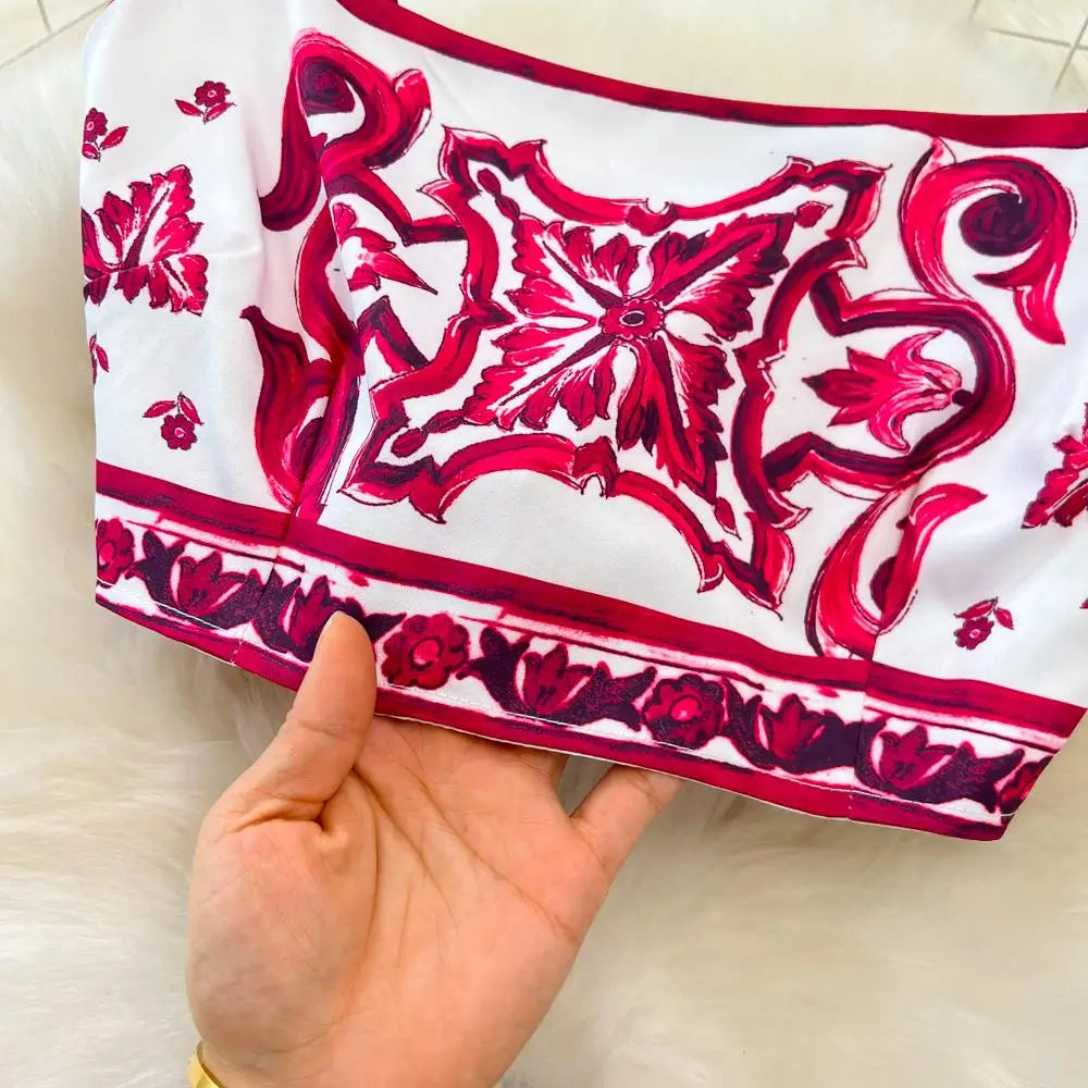 Summer Red Blue and White Porcelain Print Two Piece Set Women Spaghetti Strap Crop Top and Maxi Skirt Beachwear Ensemble