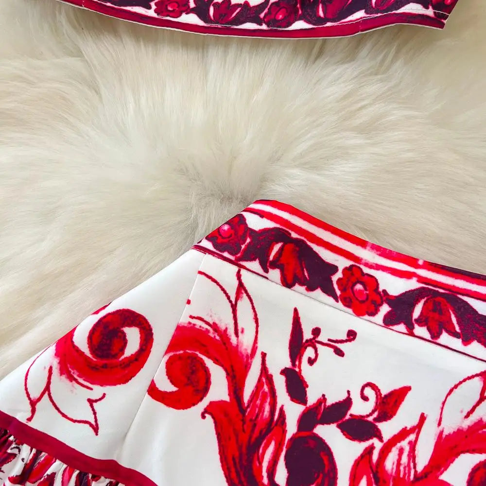 Summer Red Blue and White Porcelain Print Two Piece Set Women Spaghetti Strap Crop Top and Maxi Skirt Beachwear Ensemble