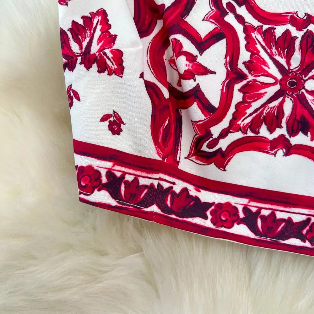 Summer Red Blue and White Porcelain Print Two Piece Set Women Spaghetti Strap Crop Top and Maxi Skirt Beachwear Ensemble