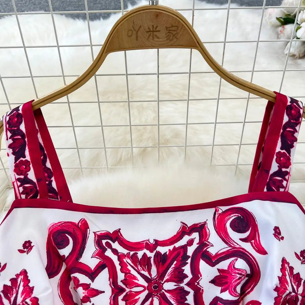 Summer Red Blue and White Porcelain Print Two Piece Set Women Spaghetti Strap Crop Top and Maxi Skirt Beachwear Ensemble