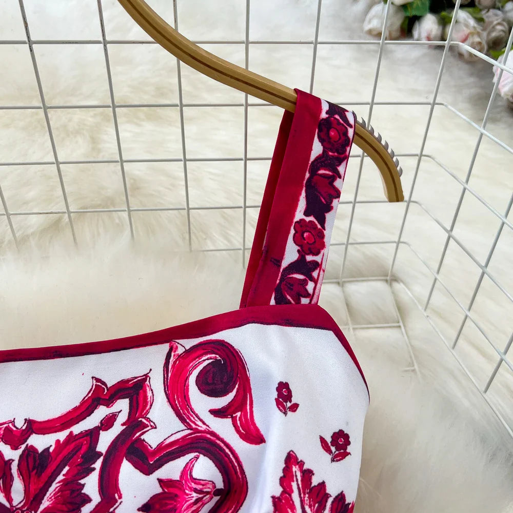 Summer Red Blue and White Porcelain Print Two Piece Set Women Spaghetti Strap Crop Top and Maxi Skirt Beachwear Ensemble