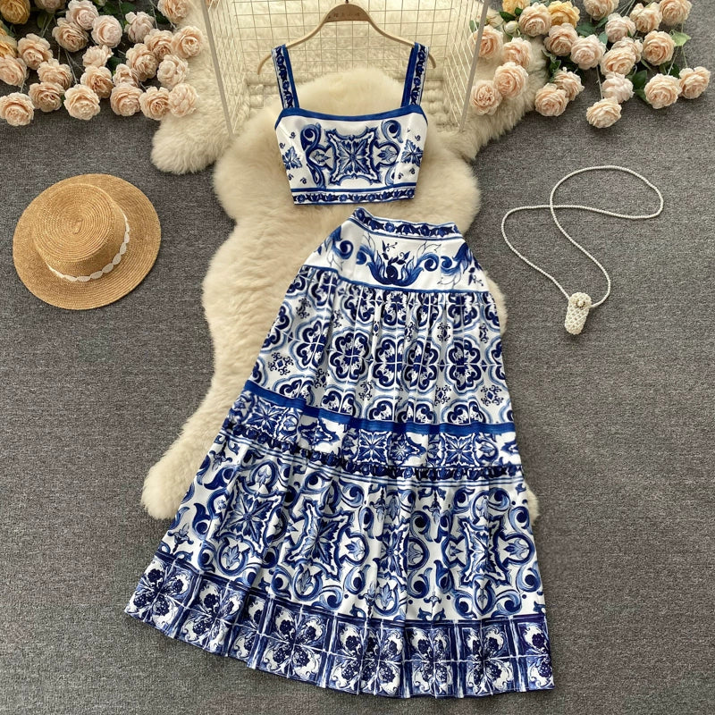 Summer Red Blue and White Porcelain Print Two Piece Set Women Spaghetti Strap Crop Top and Maxi Skirt Beachwear Ensemble