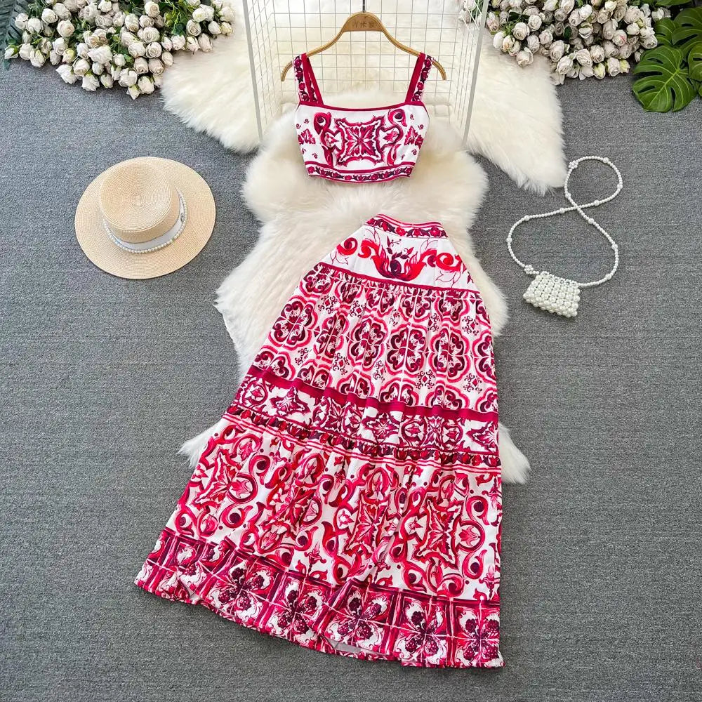 Summer Red Blue and White Porcelain Print Two Piece Set Women Spaghetti Strap Crop Top and Maxi Skirt Beachwear Ensemble