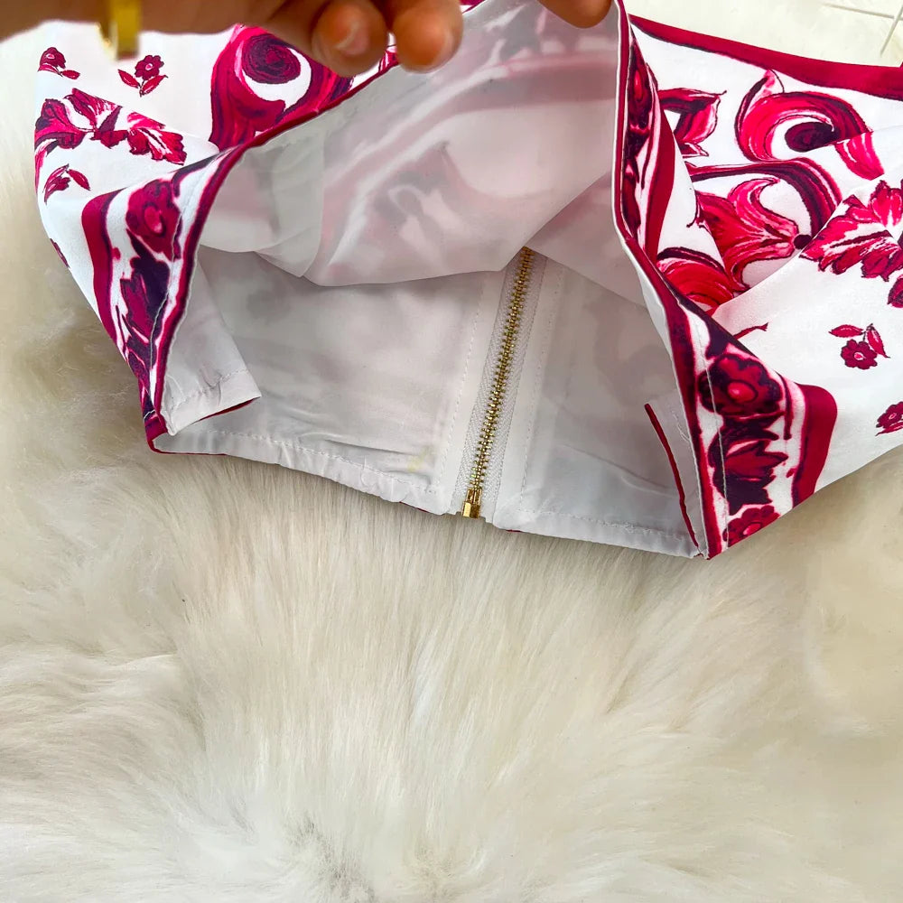 Summer Red Blue and White Porcelain Print Two Piece Set Women Spaghetti Strap Crop Top and Maxi Skirt Beachwear Ensemble