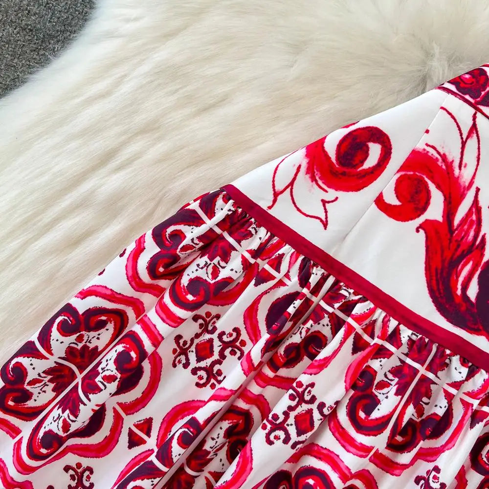 Summer Red Blue and White Porcelain Print Two Piece Set Women Spaghetti Strap Crop Top and Maxi Skirt Beachwear Ensemble