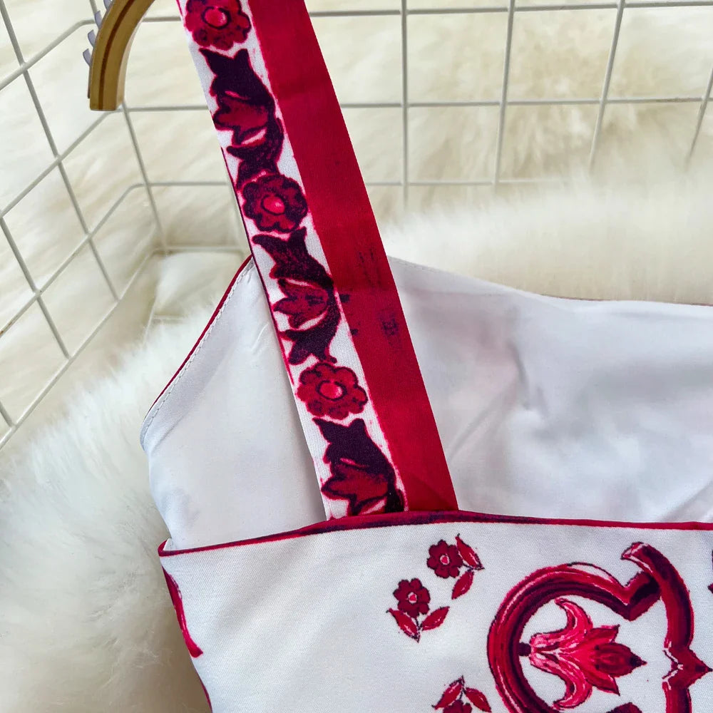Summer Red Blue and White Porcelain Print Two Piece Set Women Spaghetti Strap Crop Top and Maxi Skirt Beachwear Ensemble