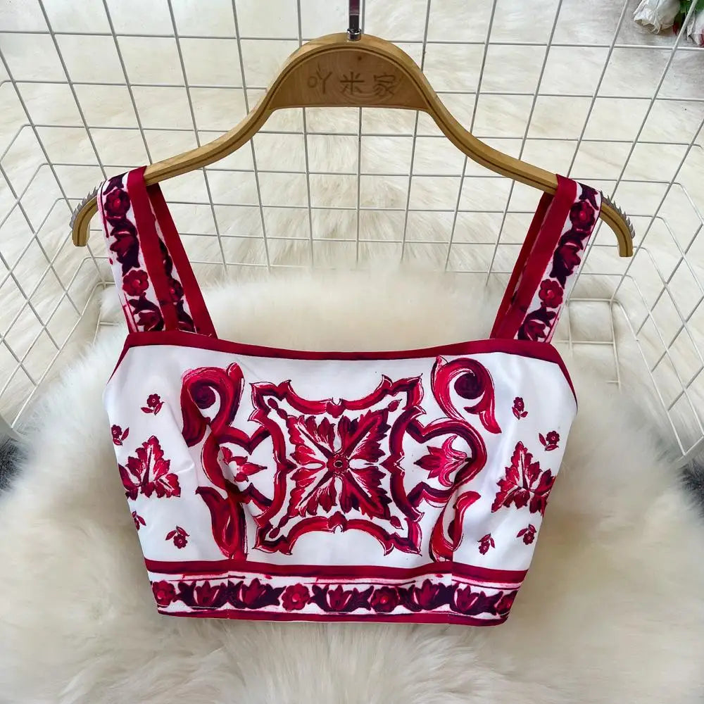 Summer Red Blue and White Porcelain Print Two Piece Set Women Spaghetti Strap Crop Top and Maxi Skirt Beachwear Ensemble