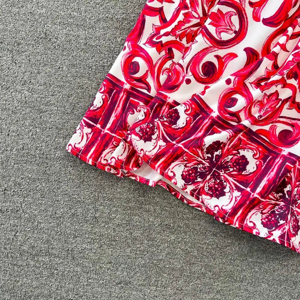 Summer Red Blue and White Porcelain Print Two Piece Set Women Spaghetti Strap Crop Top and Maxi Skirt Beachwear Ensemble