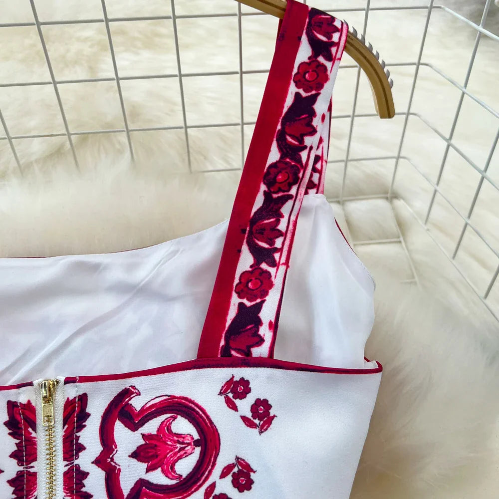 Summer Red Blue and White Porcelain Print Two Piece Set Women Spaghetti Strap Crop Top and Maxi Skirt Beachwear Ensemble