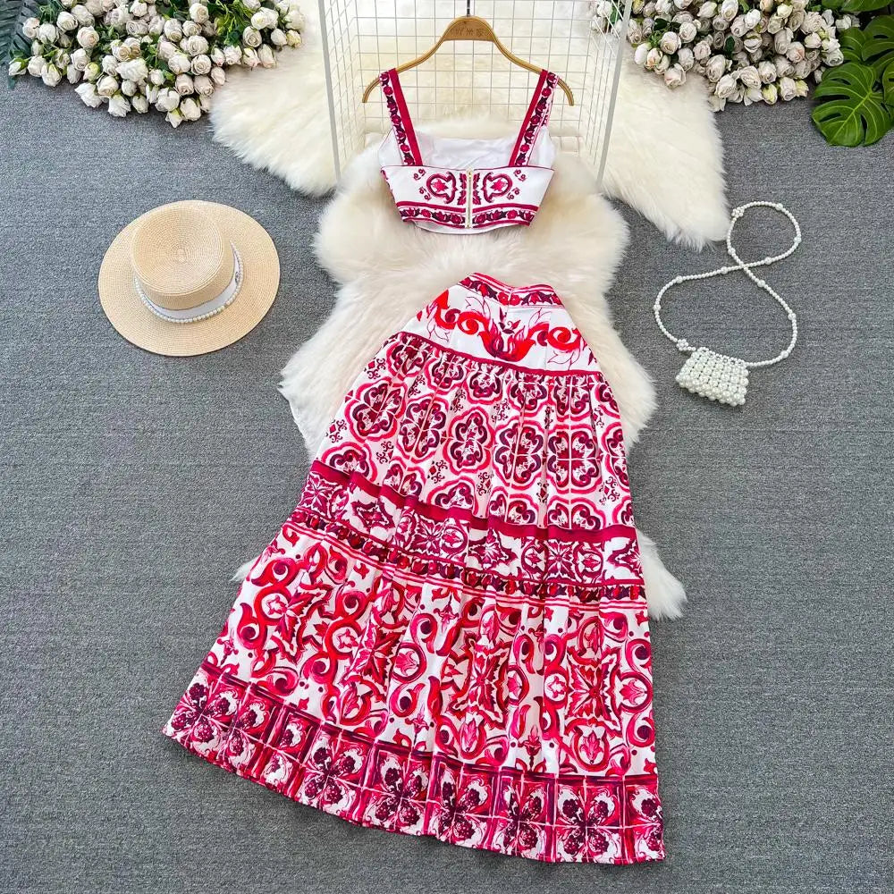 Summer Red Blue and White Porcelain Print Two Piece Set Women Spaghetti Strap Crop Top and Maxi Skirt Beachwear Ensemble