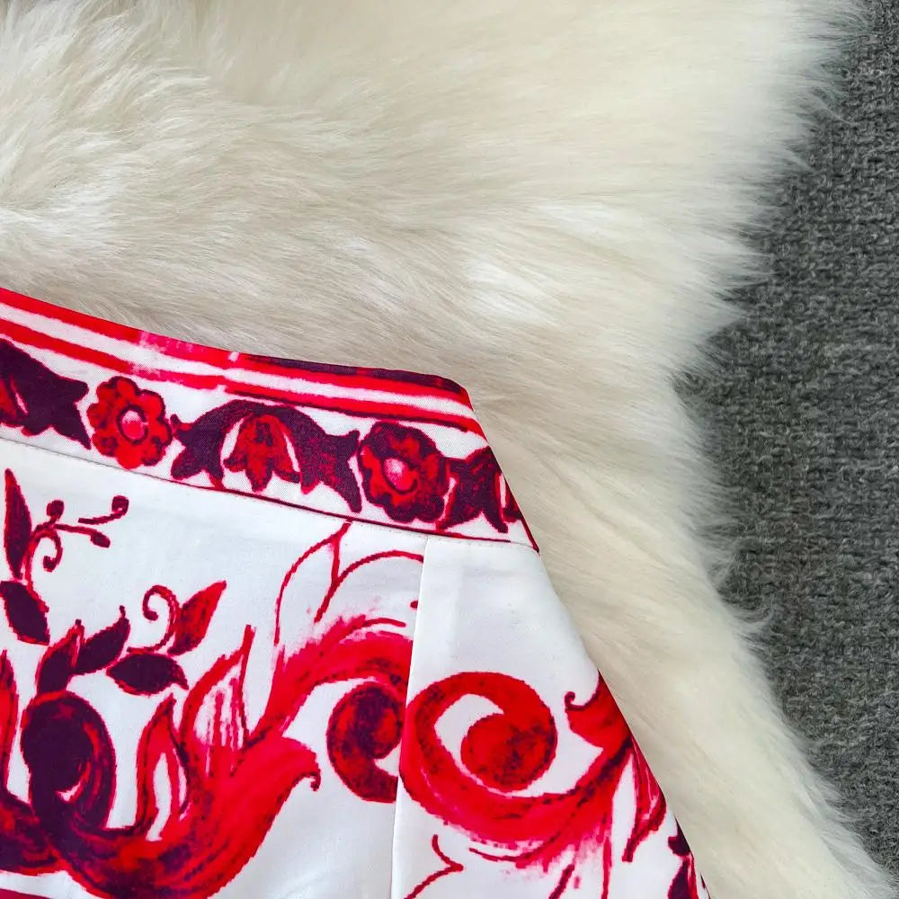 Summer Red Blue and White Porcelain Print Two Piece Set Women Spaghetti Strap Crop Top and Maxi Skirt Beachwear Ensemble