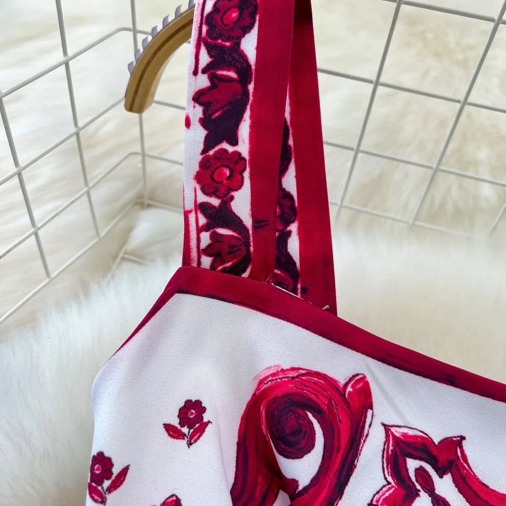 Summer Red Blue and White Porcelain Print Two Piece Set Women Spaghetti Strap Crop Top and Maxi Skirt Beachwear Ensemble