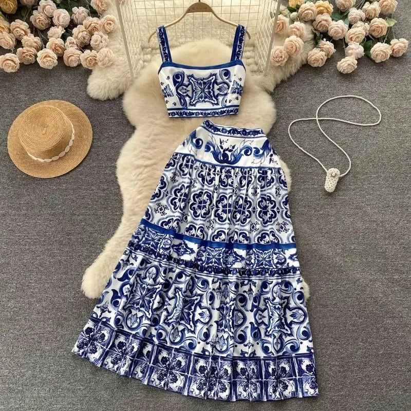 Summer Red Blue and White Porcelain Print Two Piece Set Women Spaghetti Strap Crop Top and Maxi Skirt Beachwear Ensemble