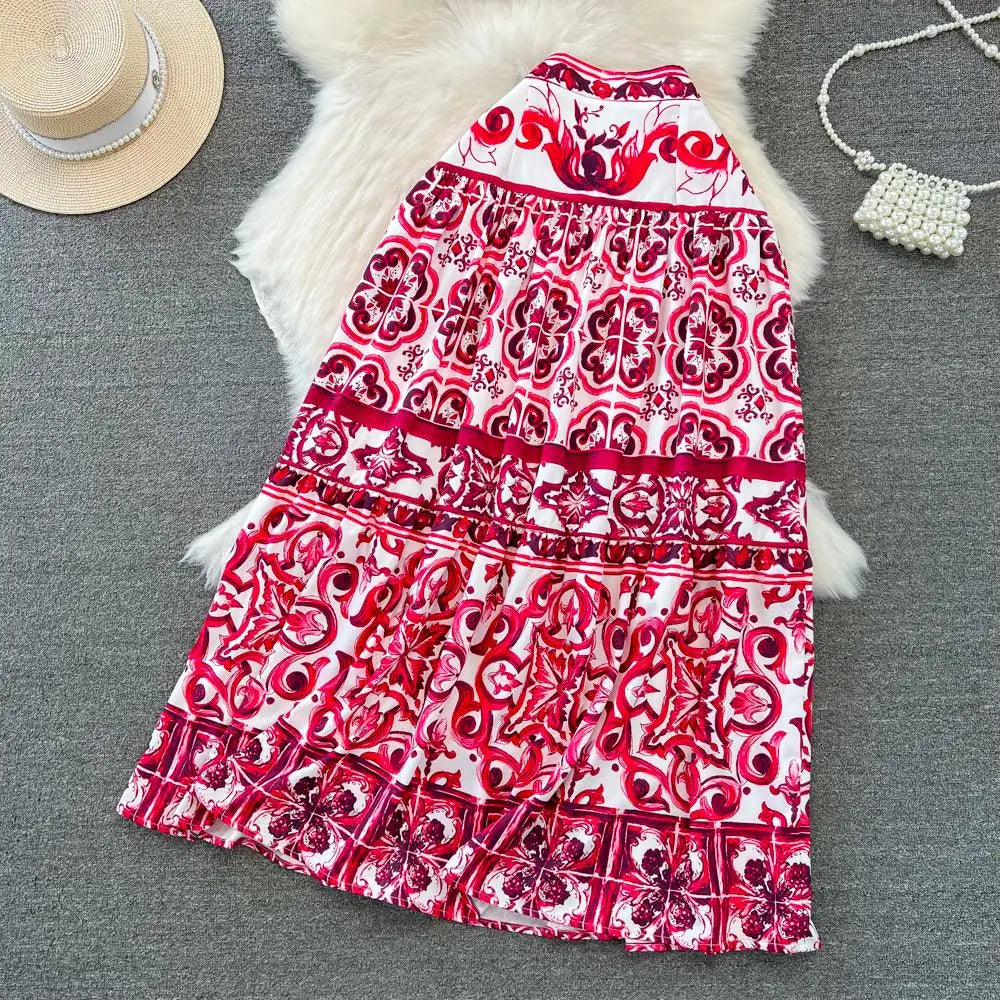 Summer Red Blue and White Porcelain Print Two Piece Set Women Spaghetti Strap Crop Top and Maxi Skirt Beachwear Ensemble