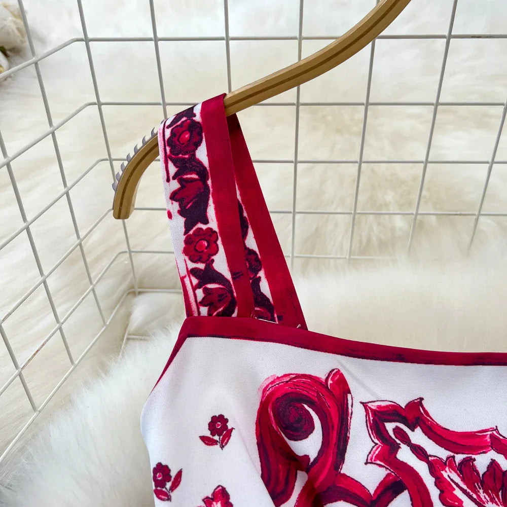 Summer Red Blue and White Porcelain Print Two Piece Set Women Spaghetti Strap Crop Top and Maxi Skirt Beachwear Ensemble