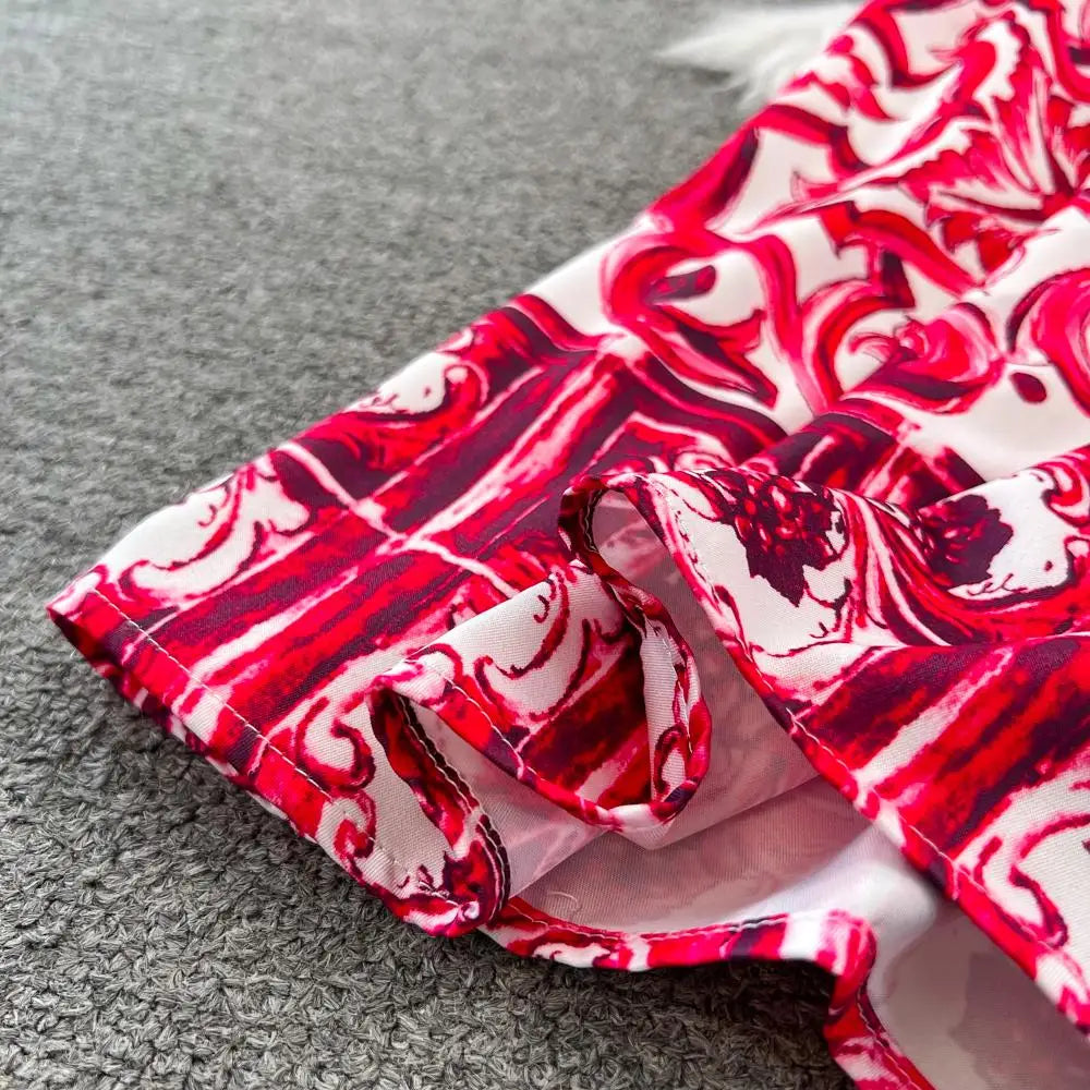 Summer Red Blue and White Porcelain Print Two Piece Set Women Spaghetti Strap Crop Top and Maxi Skirt Beachwear Ensemble