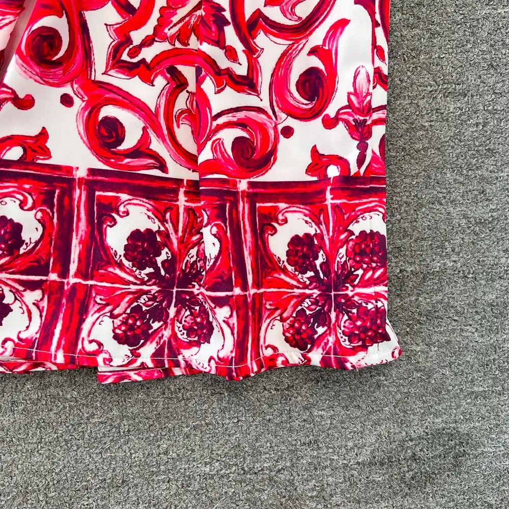 Summer Red Blue and White Porcelain Print Two Piece Set Women Spaghetti Strap Crop Top and Maxi Skirt Beachwear Ensemble