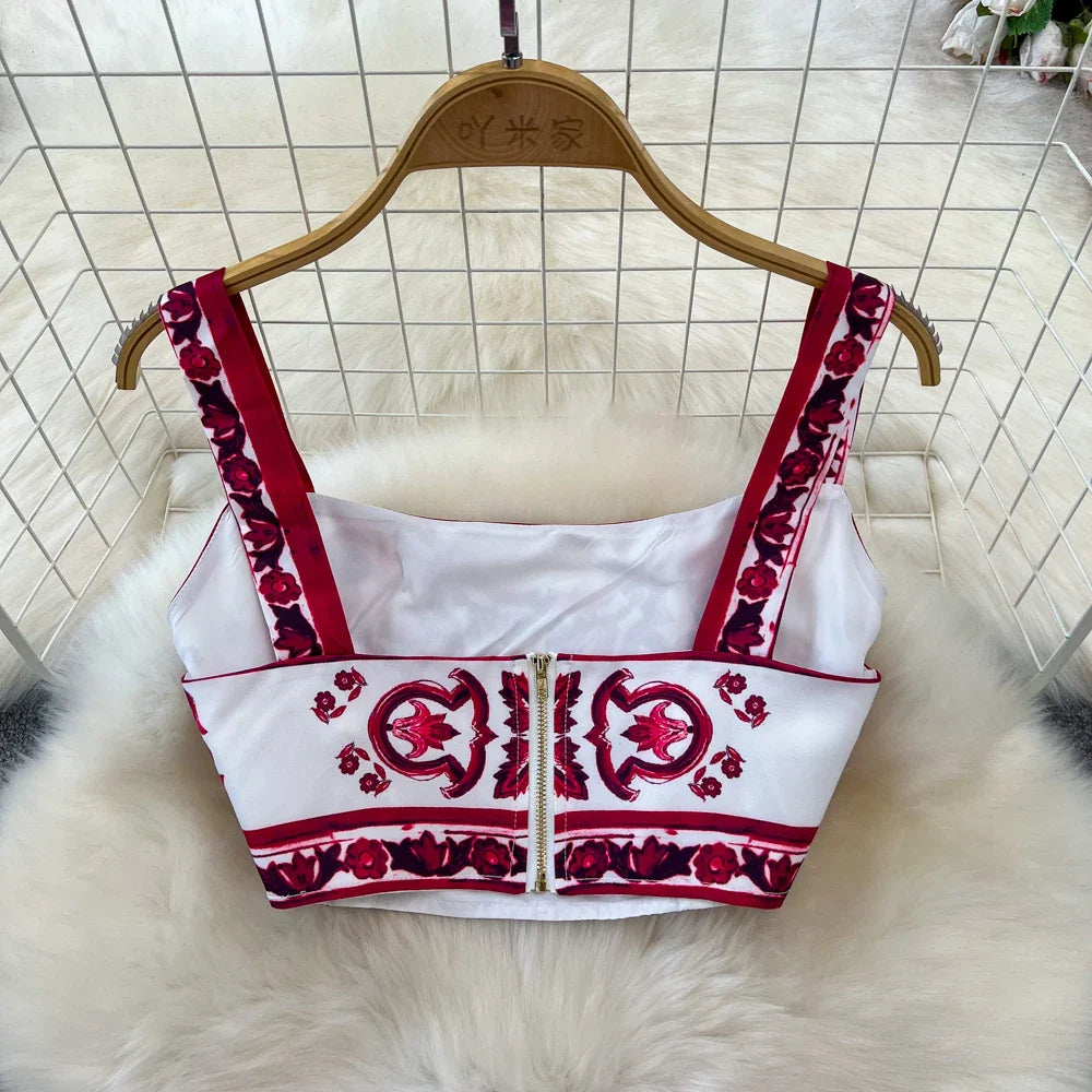 Summer Red Blue and White Porcelain Print Two Piece Set Women Spaghetti Strap Crop Top and Maxi Skirt Beachwear Ensemble