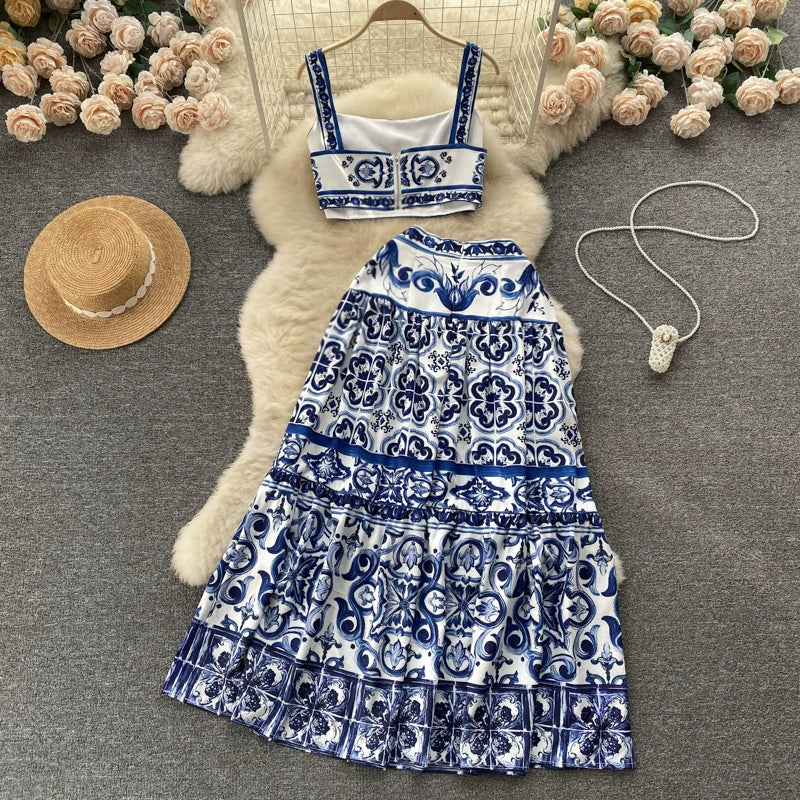 Summer Red Blue and White Porcelain Print Two Piece Set Women Spaghetti Strap Crop Top and Maxi Skirt Beachwear Ensemble
