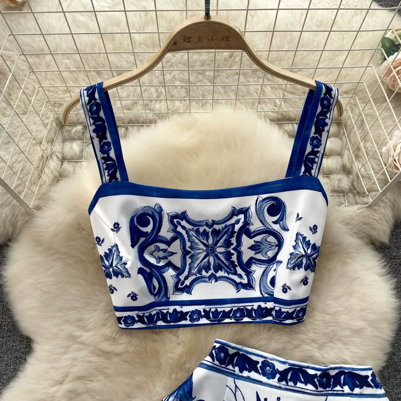 Summer Red Blue and White Porcelain Print Two Piece Set Women Spaghetti Strap Crop Top and Maxi Skirt Beachwear Ensemble