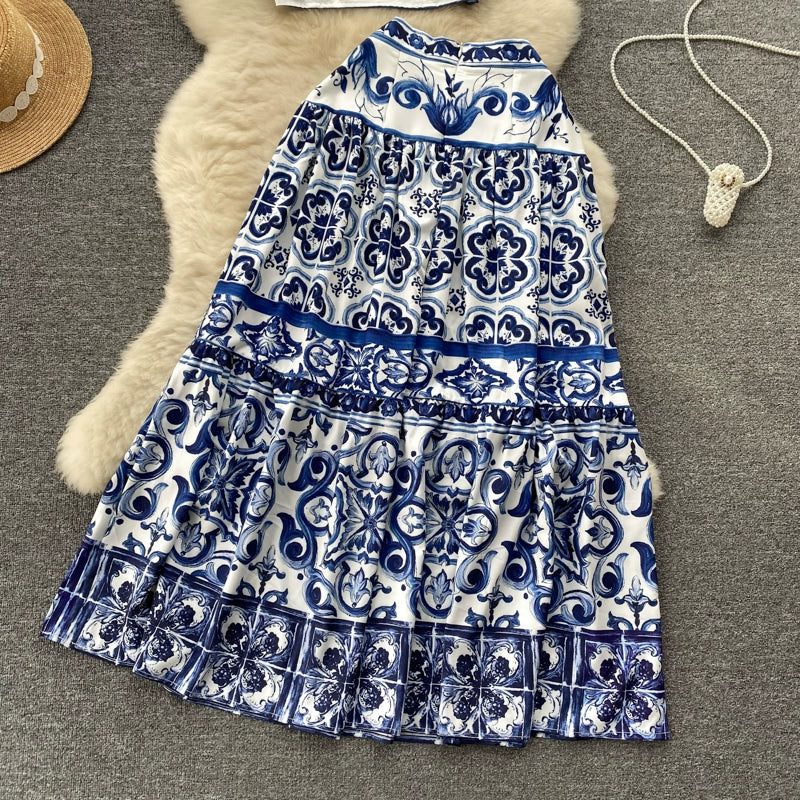 Summer Red Blue and White Porcelain Print Two Piece Set Women Spaghetti Strap Crop Top and Maxi Skirt Beachwear Ensemble