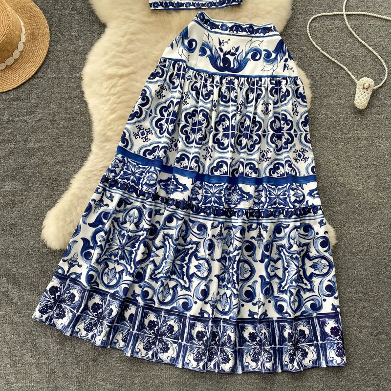 Summer Red Blue and White Porcelain Print Two Piece Set Women Spaghetti Strap Crop Top and Maxi Skirt Beachwear Ensemble