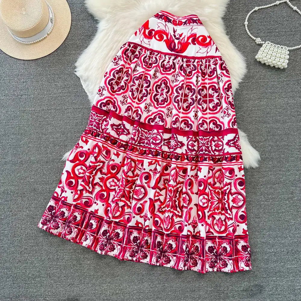 Summer Red Blue and White Porcelain Print Two Piece Set Women Spaghetti Strap Crop Top and Maxi Skirt Beachwear Ensemble