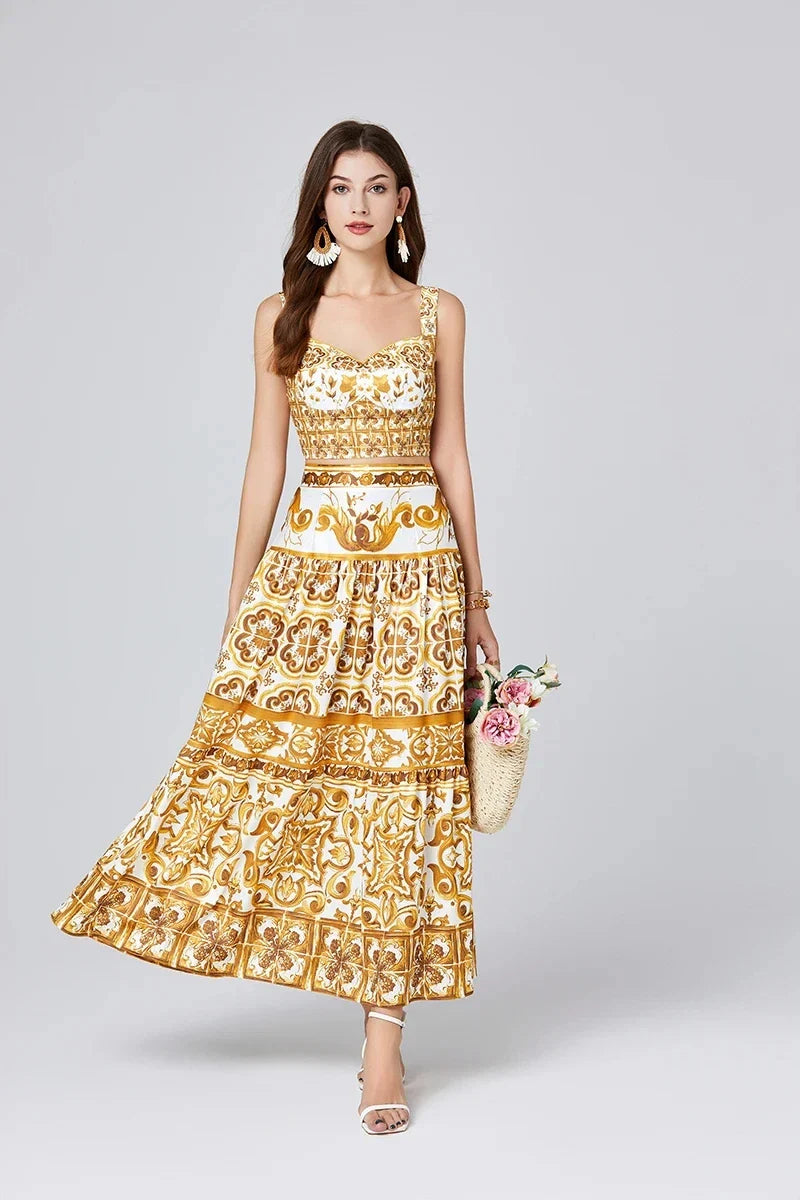 Summer Yellow Floral Two Piece Skirt Set for Women Sexy Corset Crop Top with Long Maxi Skirt Printed Outfit