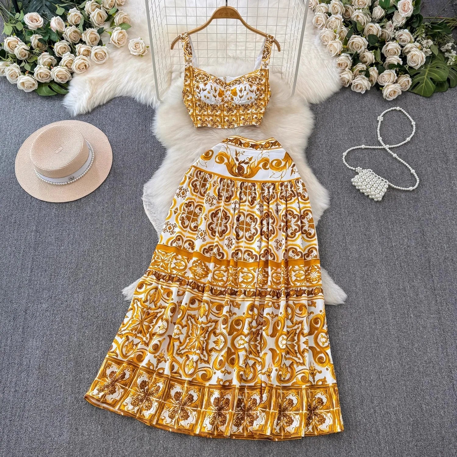 Summer Yellow Floral Two Piece Skirt Set for Women Sexy Corset Crop Top with Long Maxi Skirt Printed Outfit
