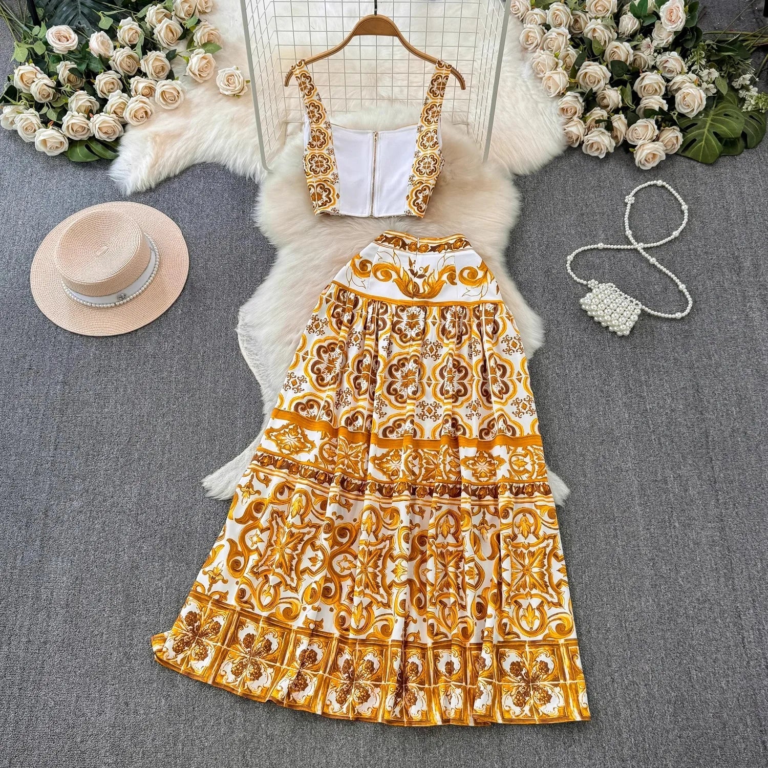 Summer Yellow Floral Two Piece Skirt Set for Women Sexy Corset Crop Top with Long Maxi Skirt Printed Outfit