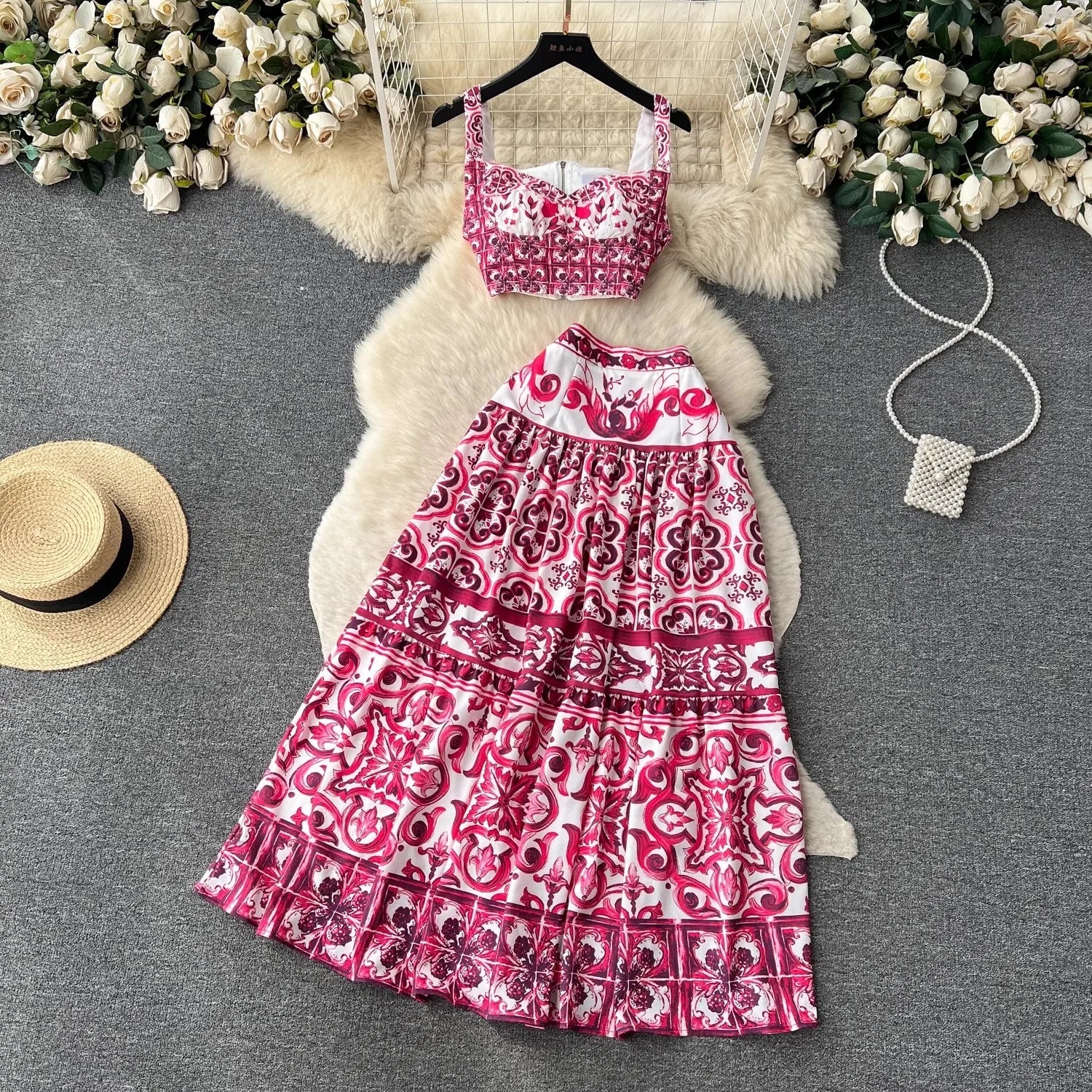 Summer Yellow Floral Two Piece Skirt Set for Women Sexy Corset Crop Top with Long Maxi Skirt Printed Outfit