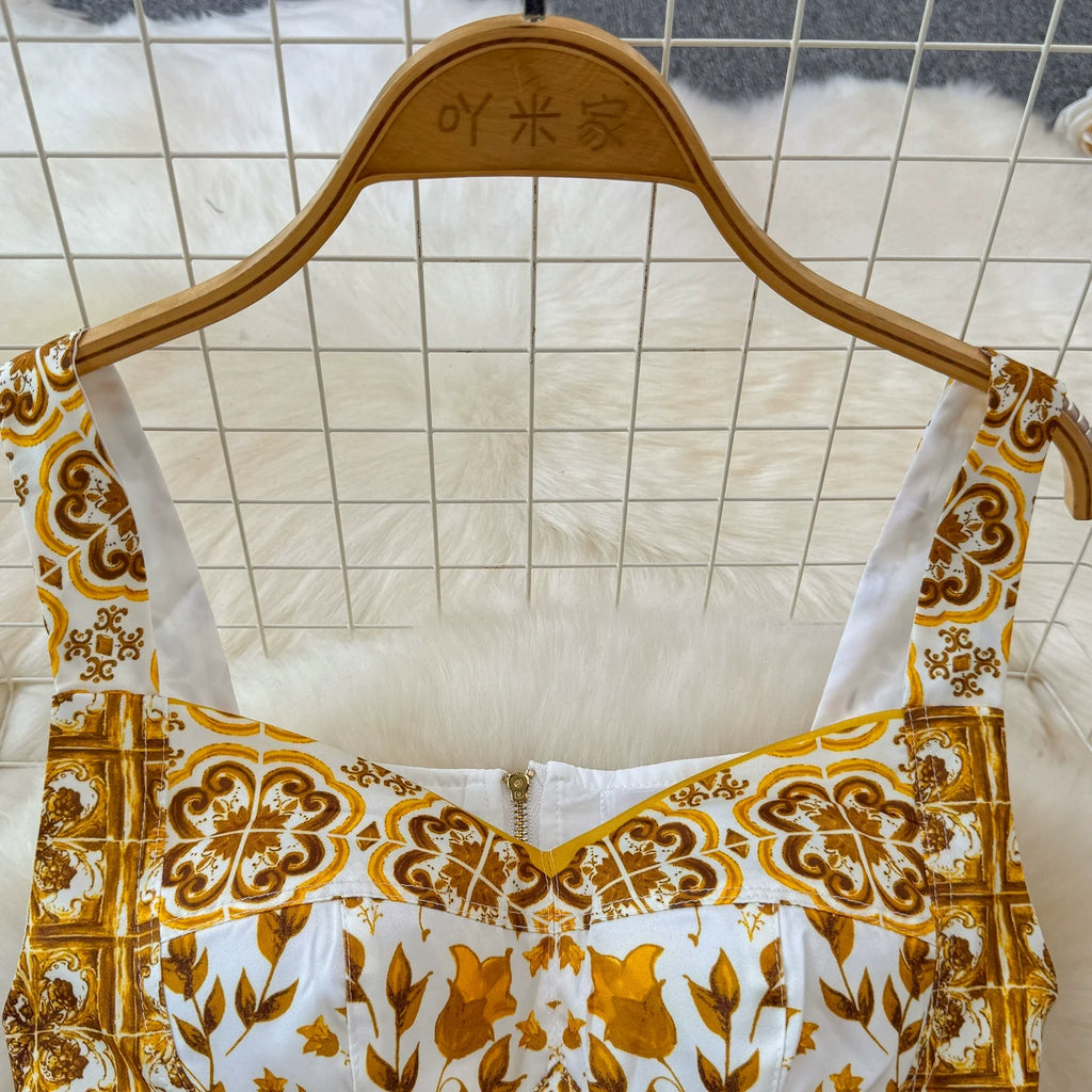 Summer Yellow Floral Two Piece Skirt Set for Women Sexy Corset Crop Top with Long Maxi Skirt Printed Outfit