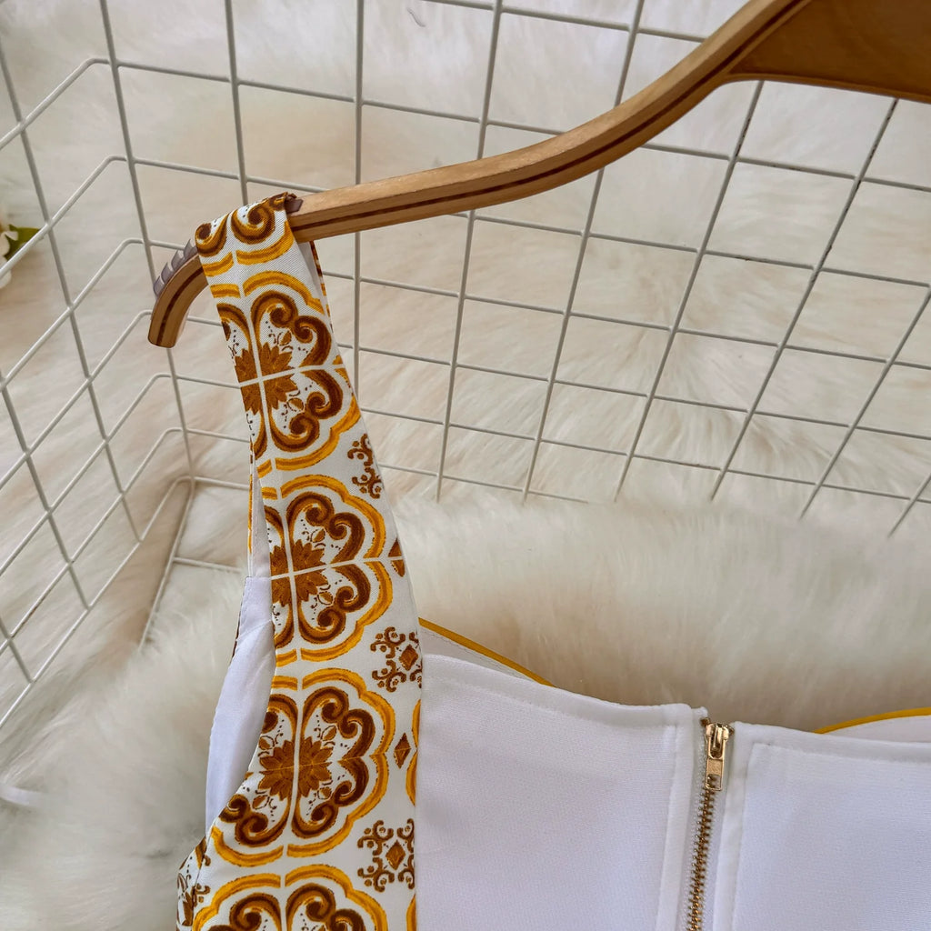 Summer Yellow Floral Two Piece Skirt Set for Women Sexy Corset Crop Top with Long Maxi Skirt Printed Outfit