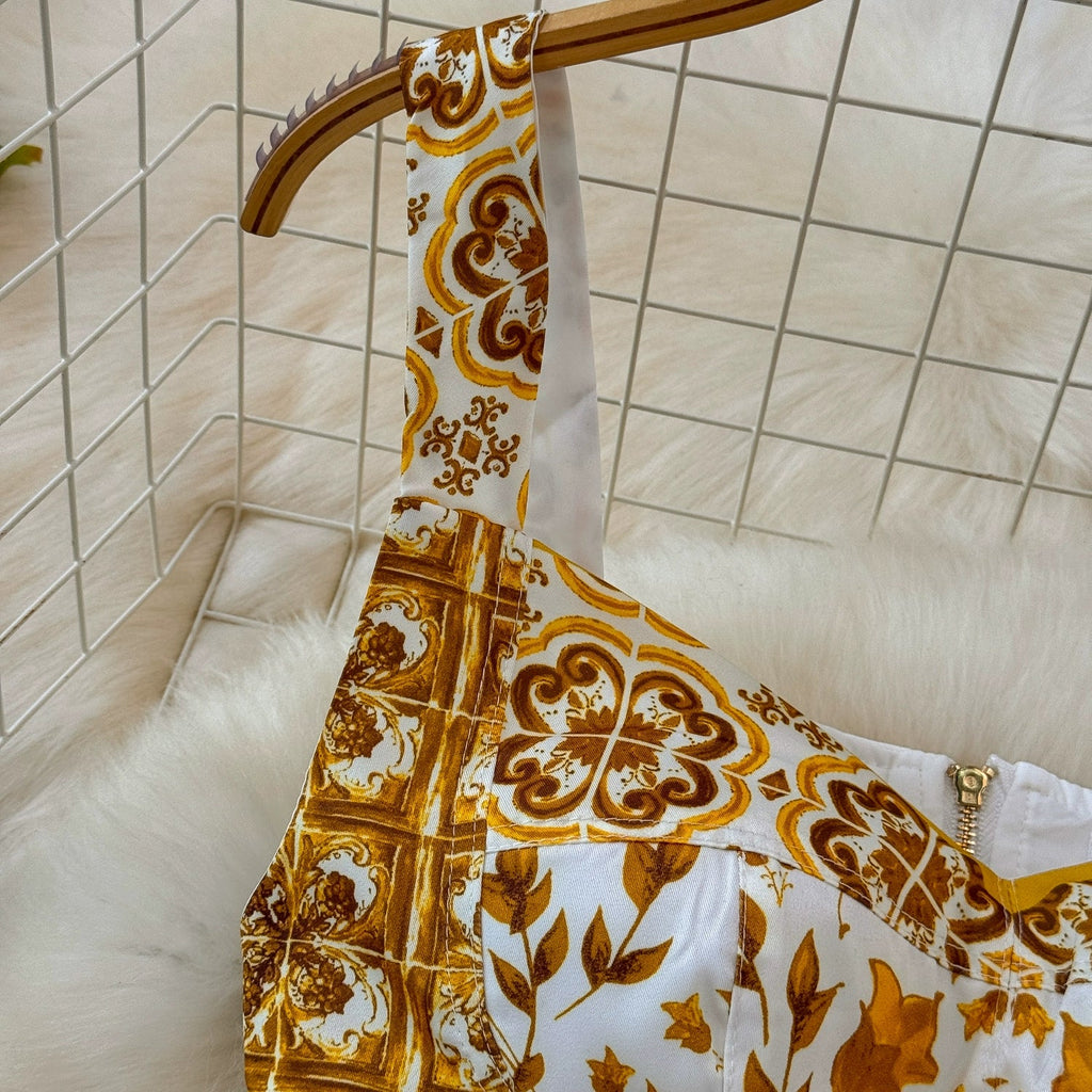 Summer Yellow Floral Two Piece Skirt Set for Women Sexy Corset Crop Top with Long Maxi Skirt Printed Outfit