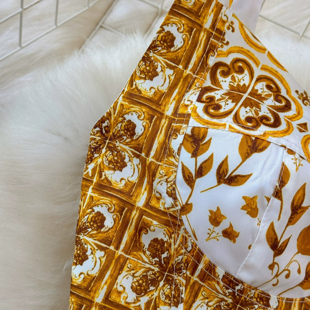 Summer Yellow Floral Two Piece Skirt Set for Women Sexy Corset Crop Top with Long Maxi Skirt Printed Outfit