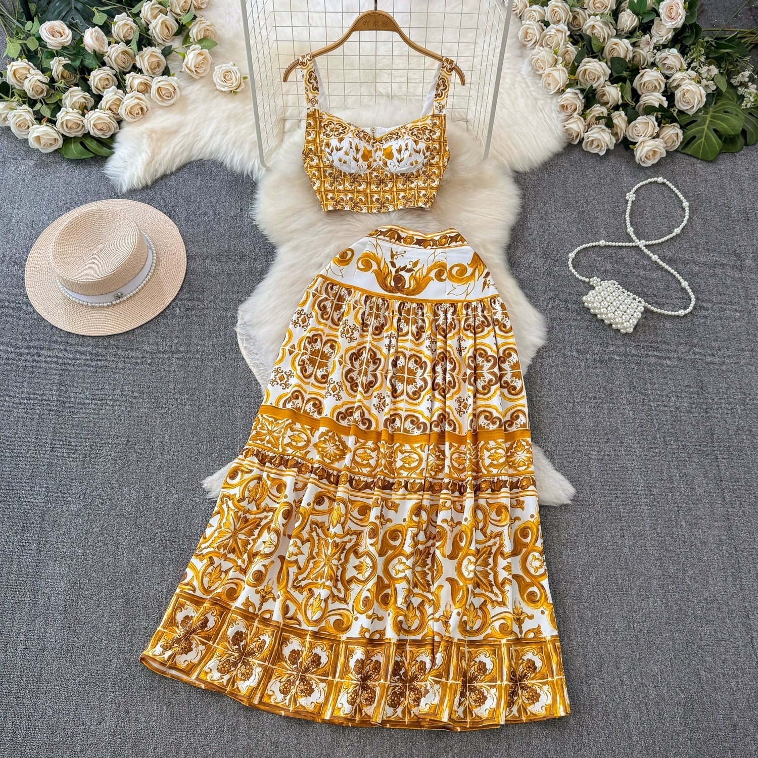 Summer Yellow Floral Two Piece Skirt Set for Women Sexy Corset Crop Top with Long Maxi Skirt Printed Outfit