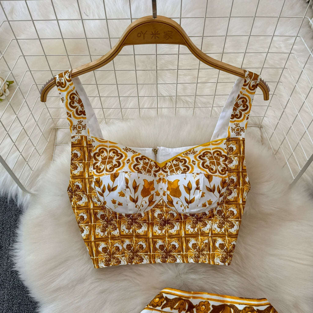 Summer Yellow Floral Two Piece Skirt Set for Women Sexy Corset Crop Top with Long Maxi Skirt Printed Outfit