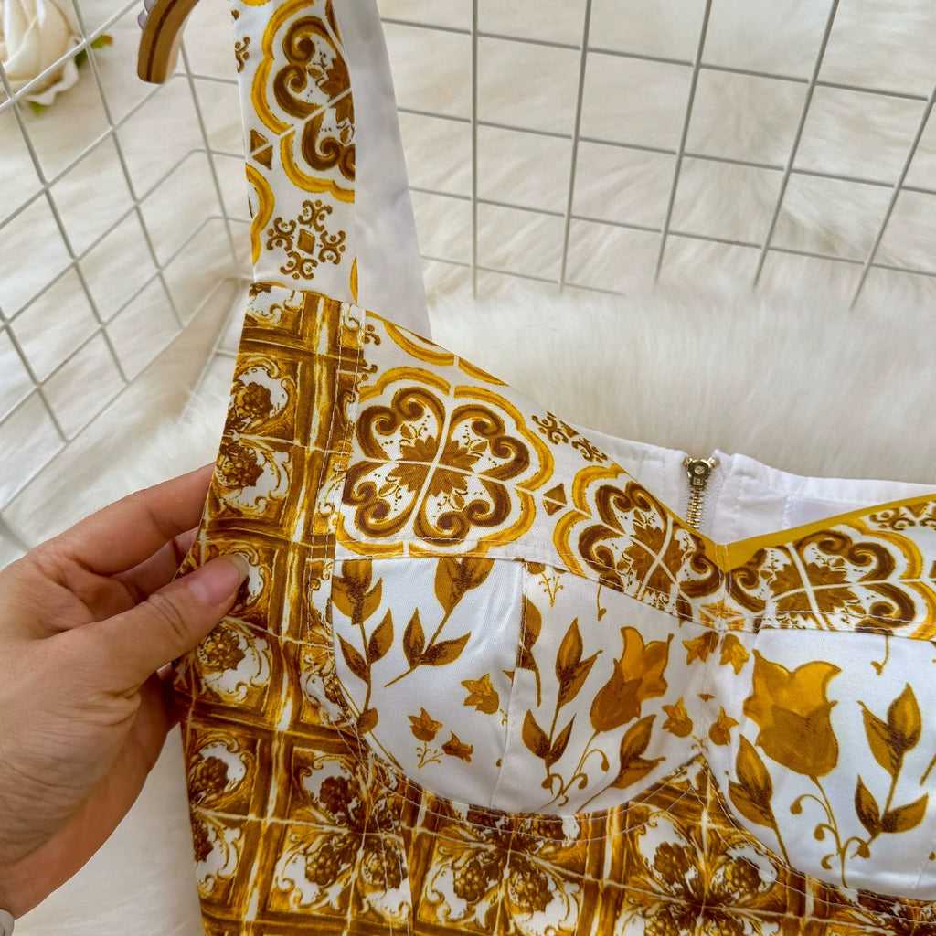 Summer Yellow Floral Two Piece Skirt Set for Women Sexy Corset Crop Top with Long Maxi Skirt Printed Outfit