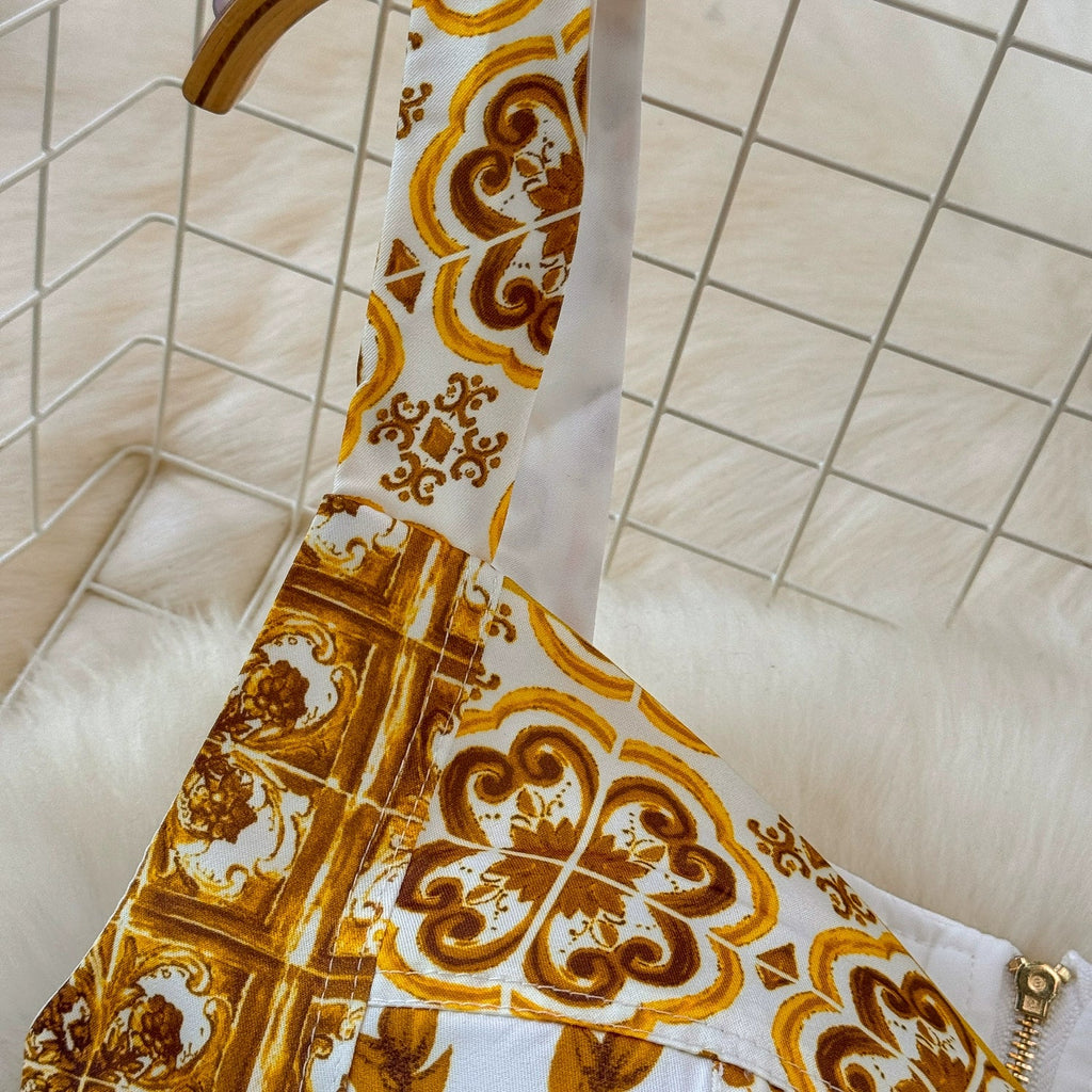 Summer Yellow Floral Two Piece Skirt Set for Women Sexy Corset Crop Top with Long Maxi Skirt Printed Outfit