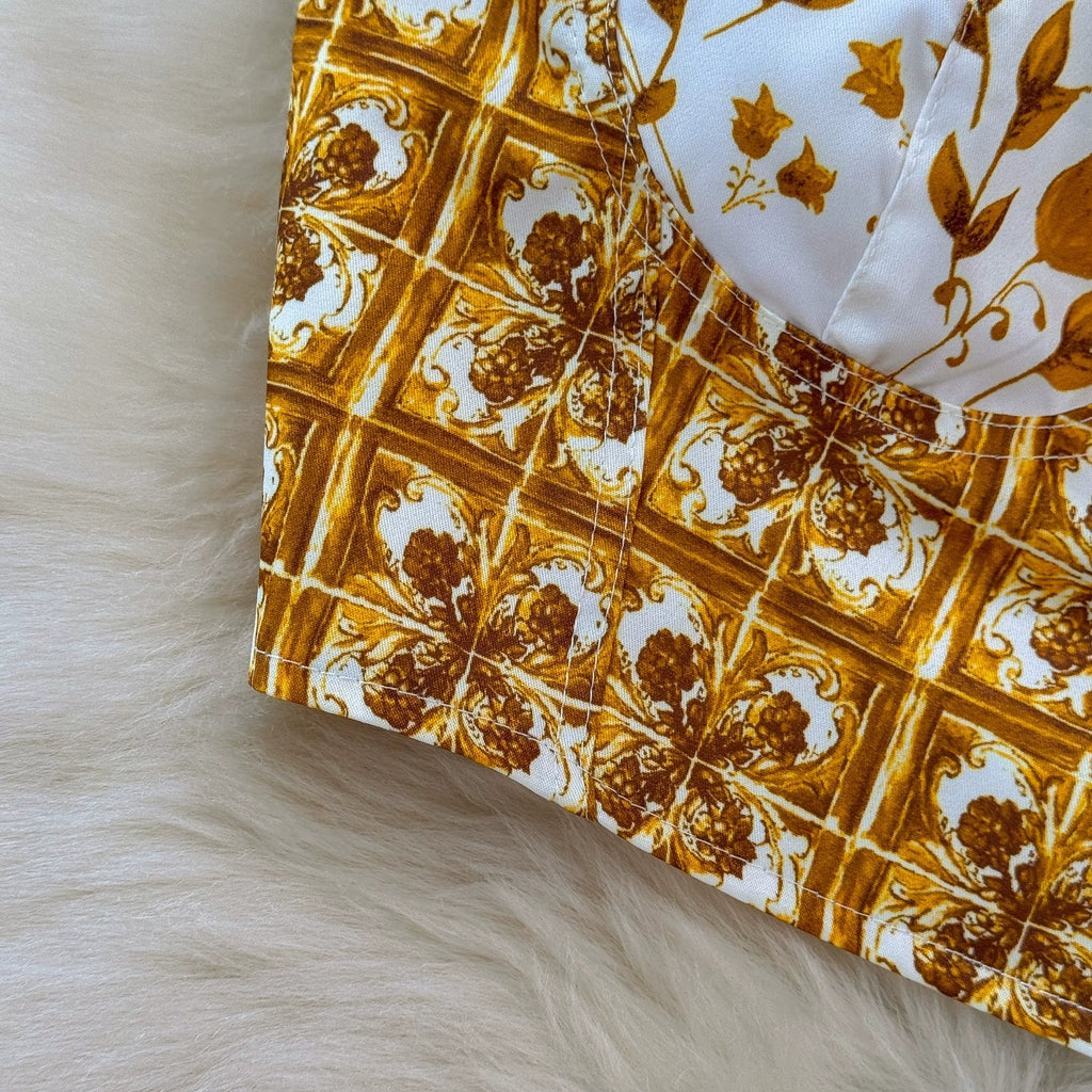 Summer Yellow Floral Two Piece Skirt Set for Women Sexy Corset Crop Top with Long Maxi Skirt Printed Outfit