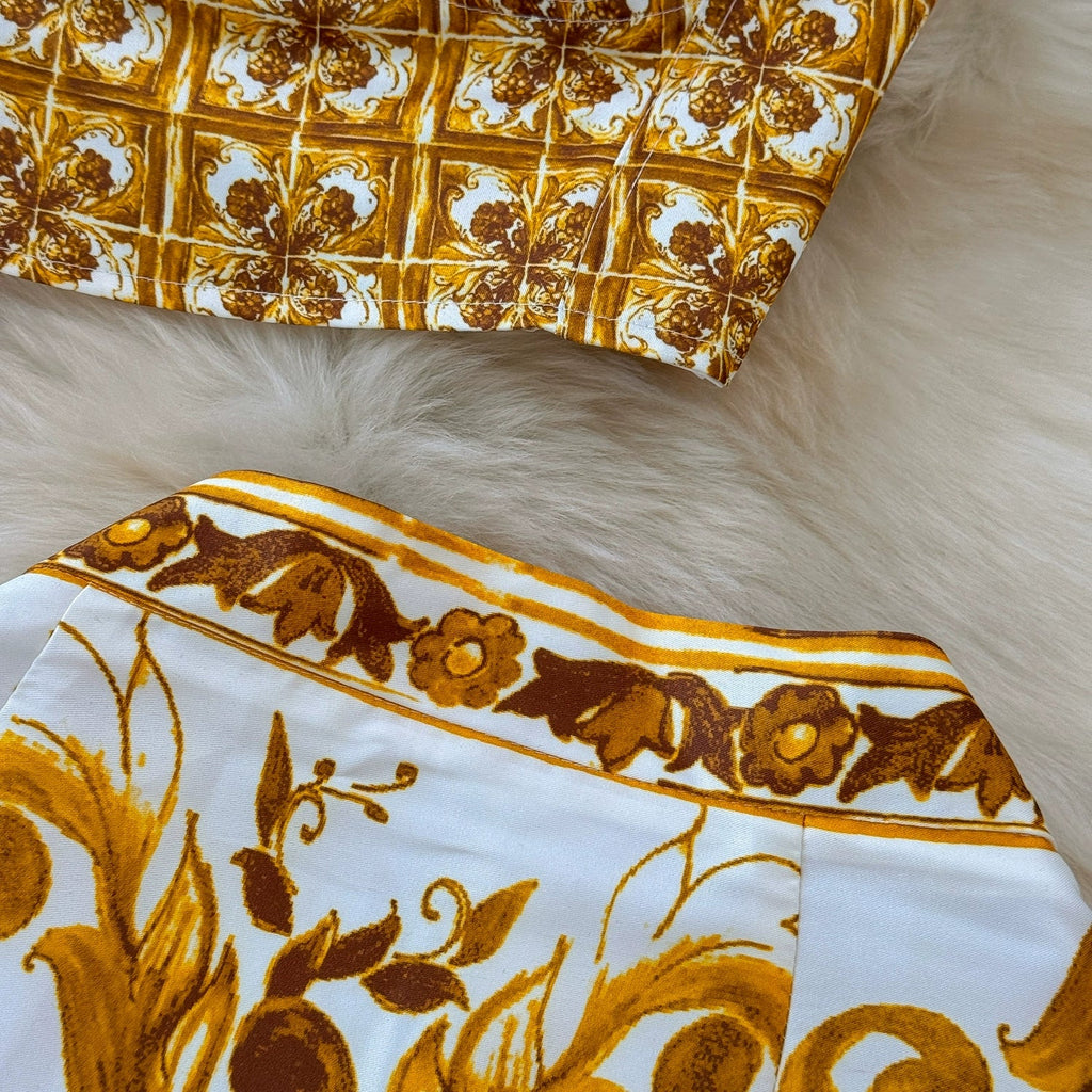 Summer Yellow Floral Two Piece Skirt Set for Women Sexy Corset Crop Top with Long Maxi Skirt Printed Outfit