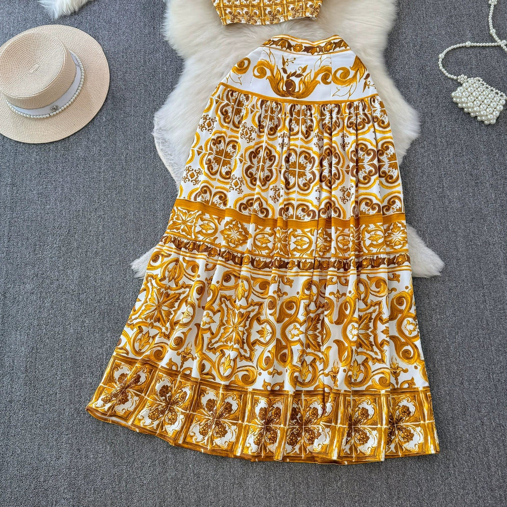 Summer Yellow Floral Two Piece Skirt Set for Women Sexy Corset Crop Top with Long Maxi Skirt Printed Outfit