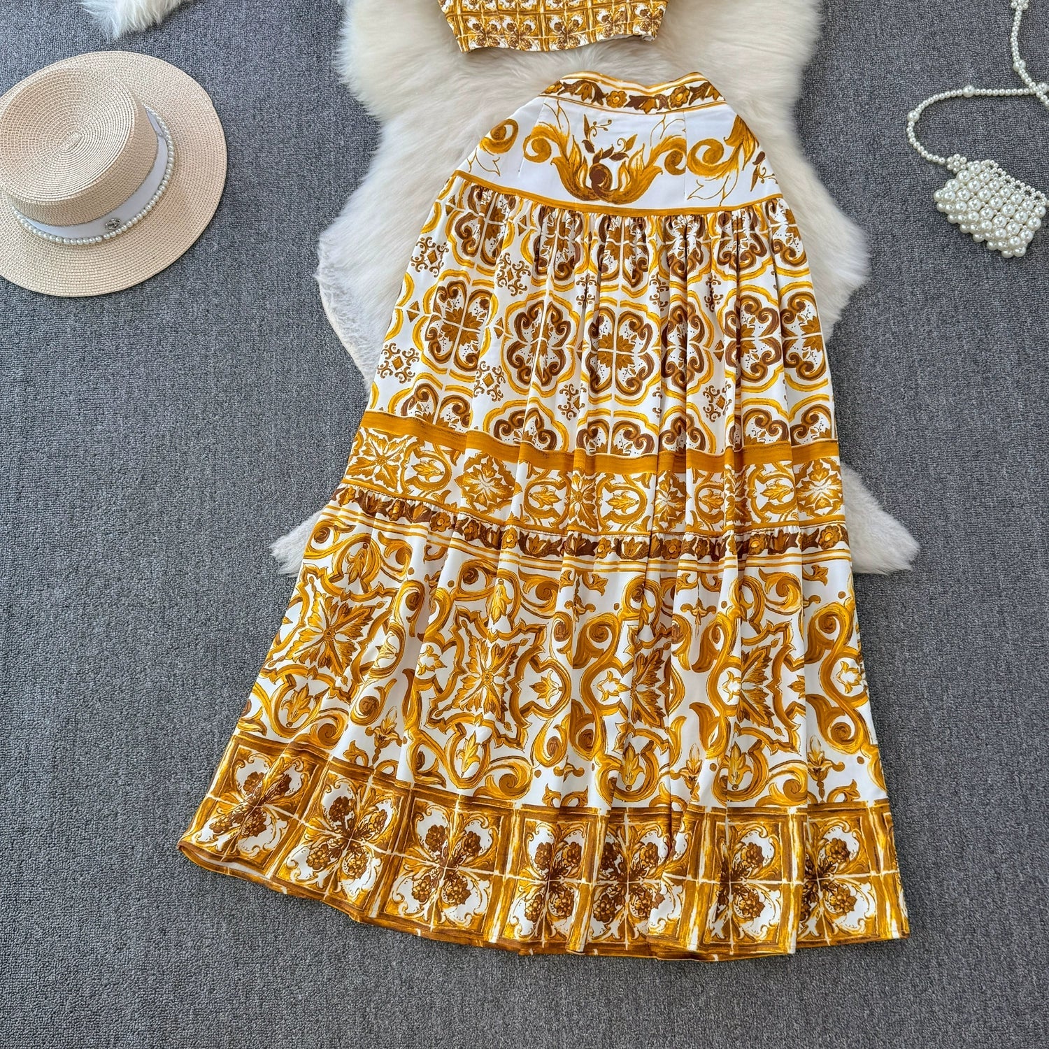 Summer Yellow Floral Two Piece Skirt Set for Women Sexy Corset Crop Top with Long Maxi Skirt Printed Outfit