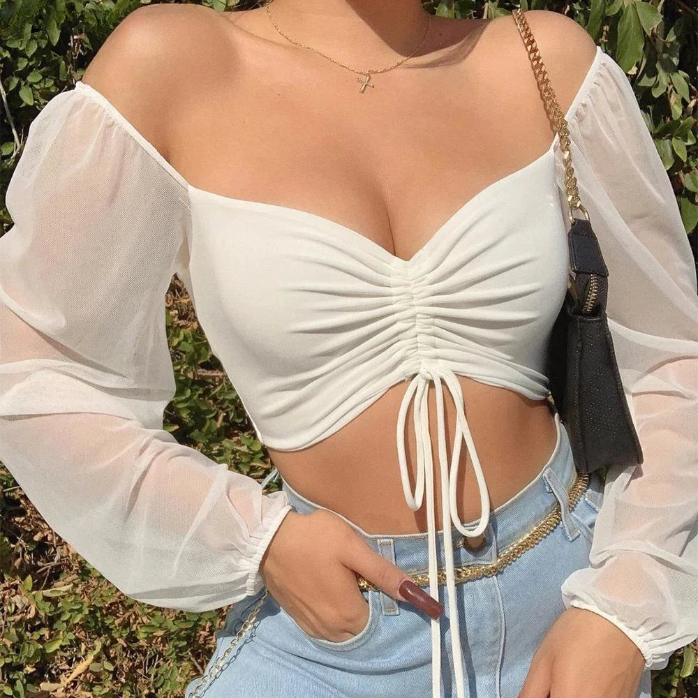 Women's Sexy V-Neck Off-Shoulder Blouse with Drawstring Bandage Detail Long Sleeve Summer Top Stylish Korean-Inspired Short Shirt