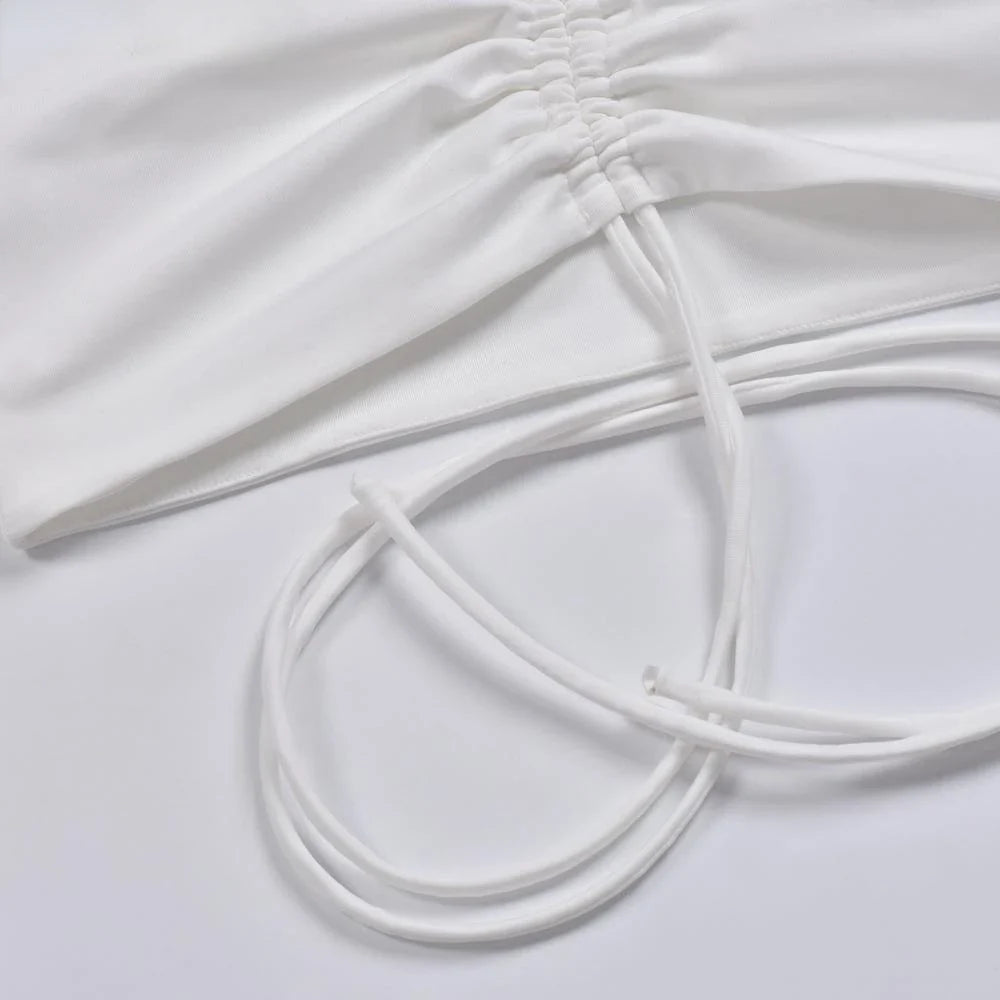 Women's Sexy V-Neck Off-Shoulder Blouse with Drawstring Bandage Detail Long Sleeve Summer Top Stylish Korean-Inspired Short Shirt