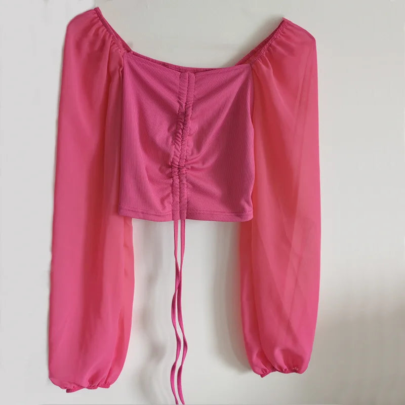 Women's Sexy V-Neck Off-Shoulder Blouse with Drawstring Bandage Detail Long Sleeve Summer Top Stylish Korean-Inspired Short Shirt