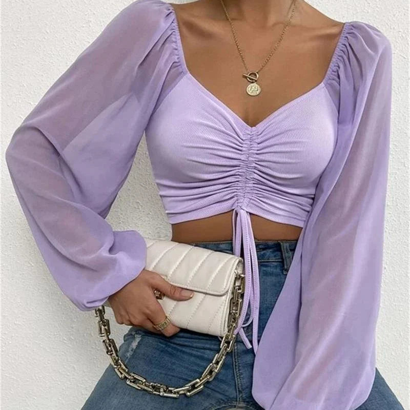 Women's Sexy V-Neck Off-Shoulder Blouse with Drawstring Bandage Detail Long Sleeve Summer Top Stylish Korean-Inspired Short Shirt