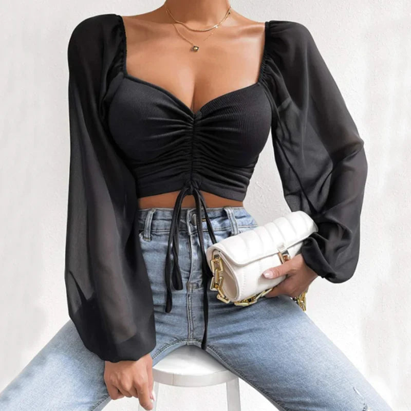 Women's Sexy V-Neck Off-Shoulder Blouse with Drawstring Bandage Detail Long Sleeve Summer Top Stylish Korean-Inspired Short Shirt