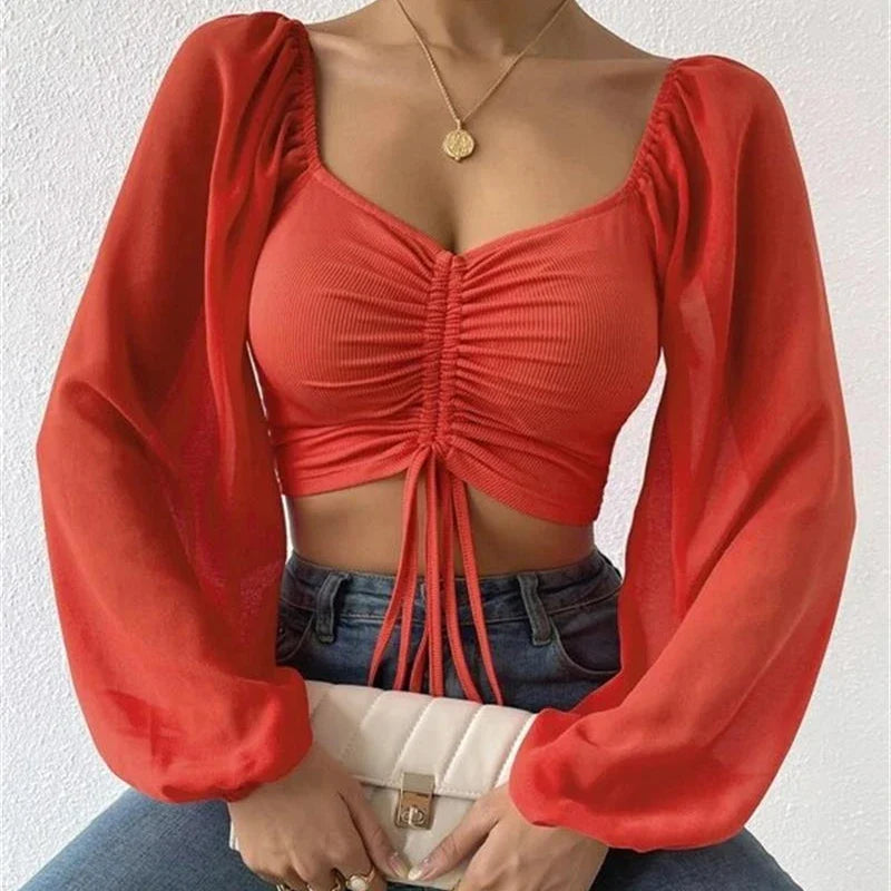 Women's Sexy V-Neck Off-Shoulder Blouse with Drawstring Bandage Detail Long Sleeve Summer Top Stylish Korean-Inspired Short Shirt