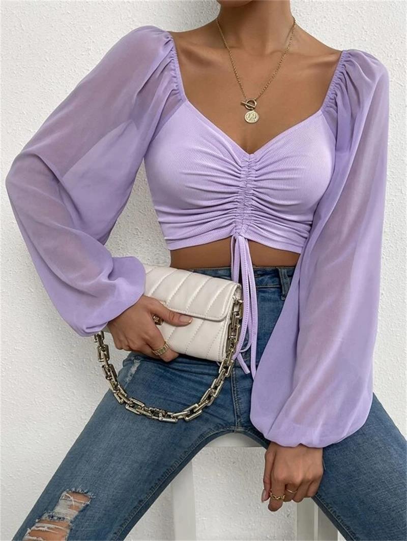 Women's Sexy V-Neck Off-Shoulder Blouse with Drawstring Bandage Detail Long Sleeve Summer Top Stylish Korean-Inspired Short Shirt